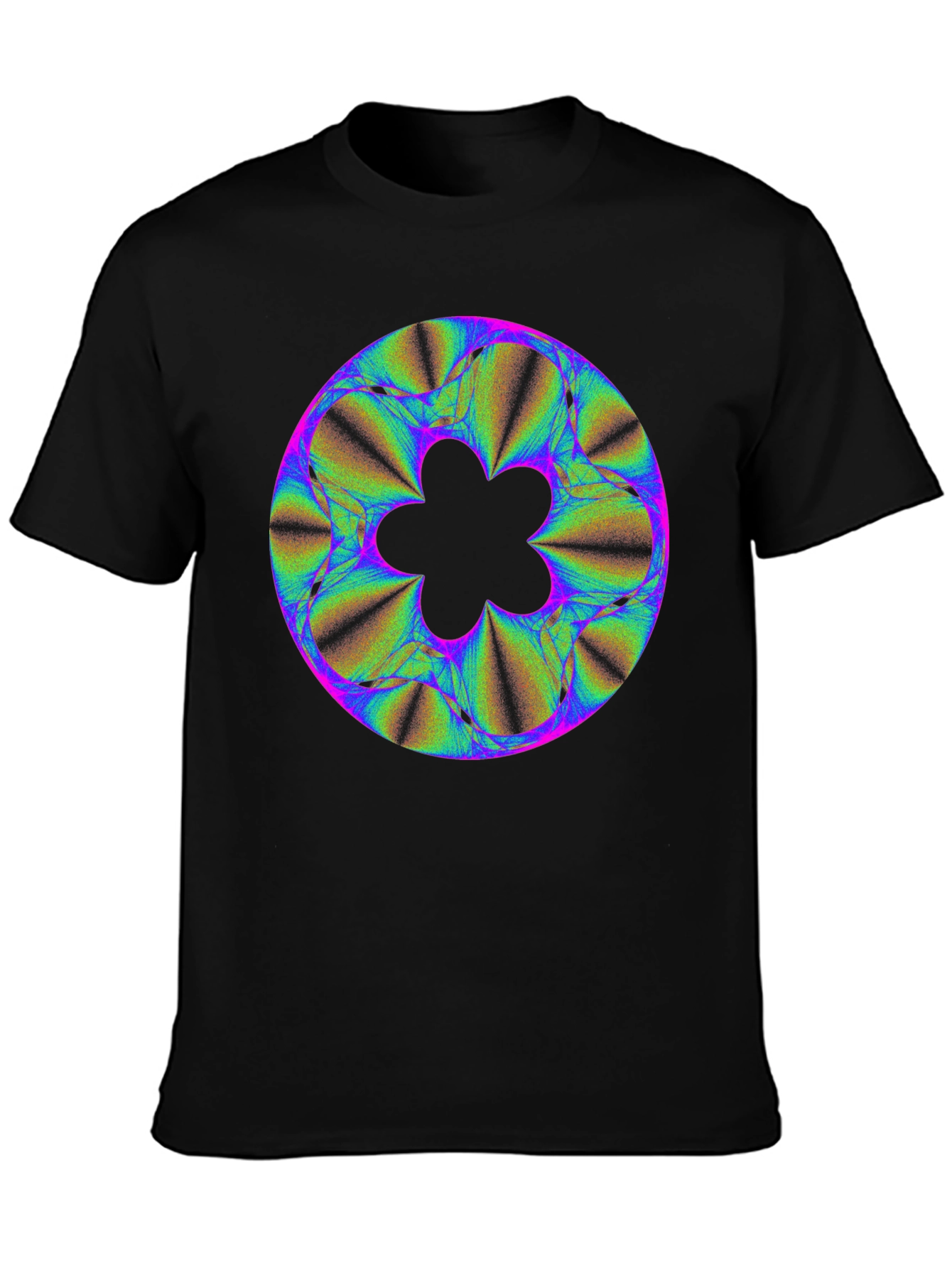 Abstract Fractal Flower Graphic Print Black T-Shirt