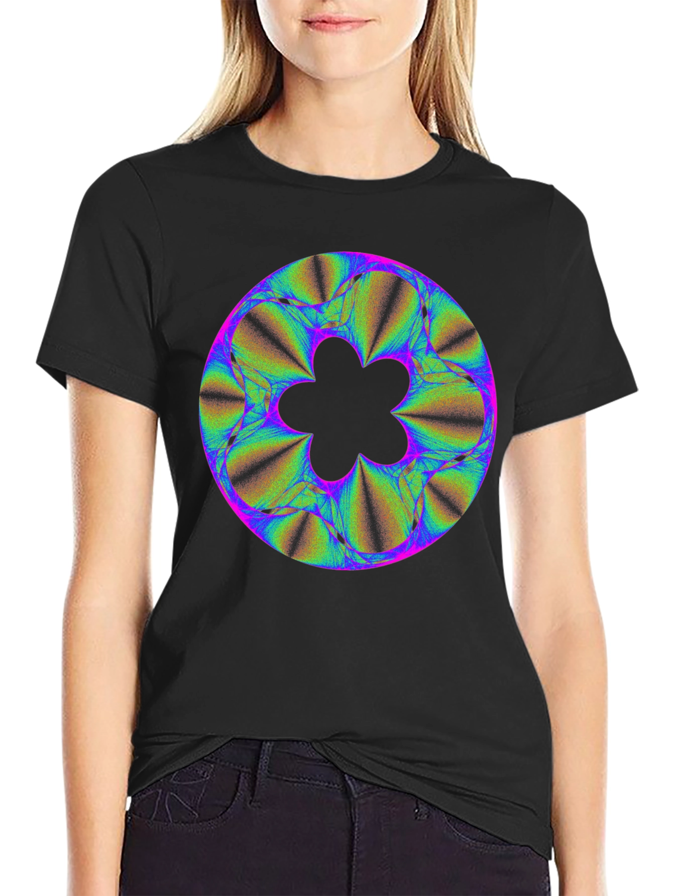 Abstract Fractal Flower Graphic Print Black T-Shirt