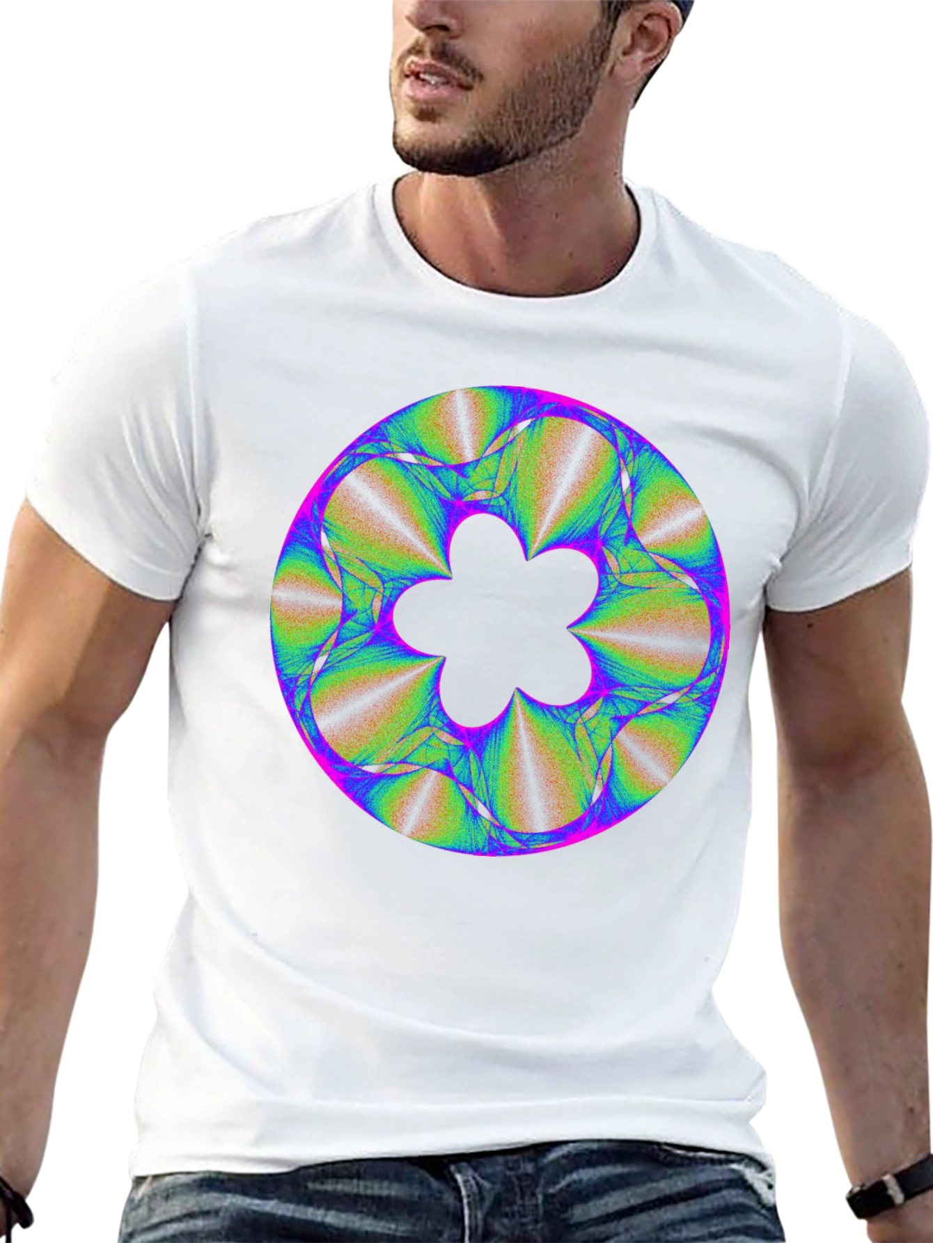 Abstract Fractal Flower Graphic Print Black T-Shirt
