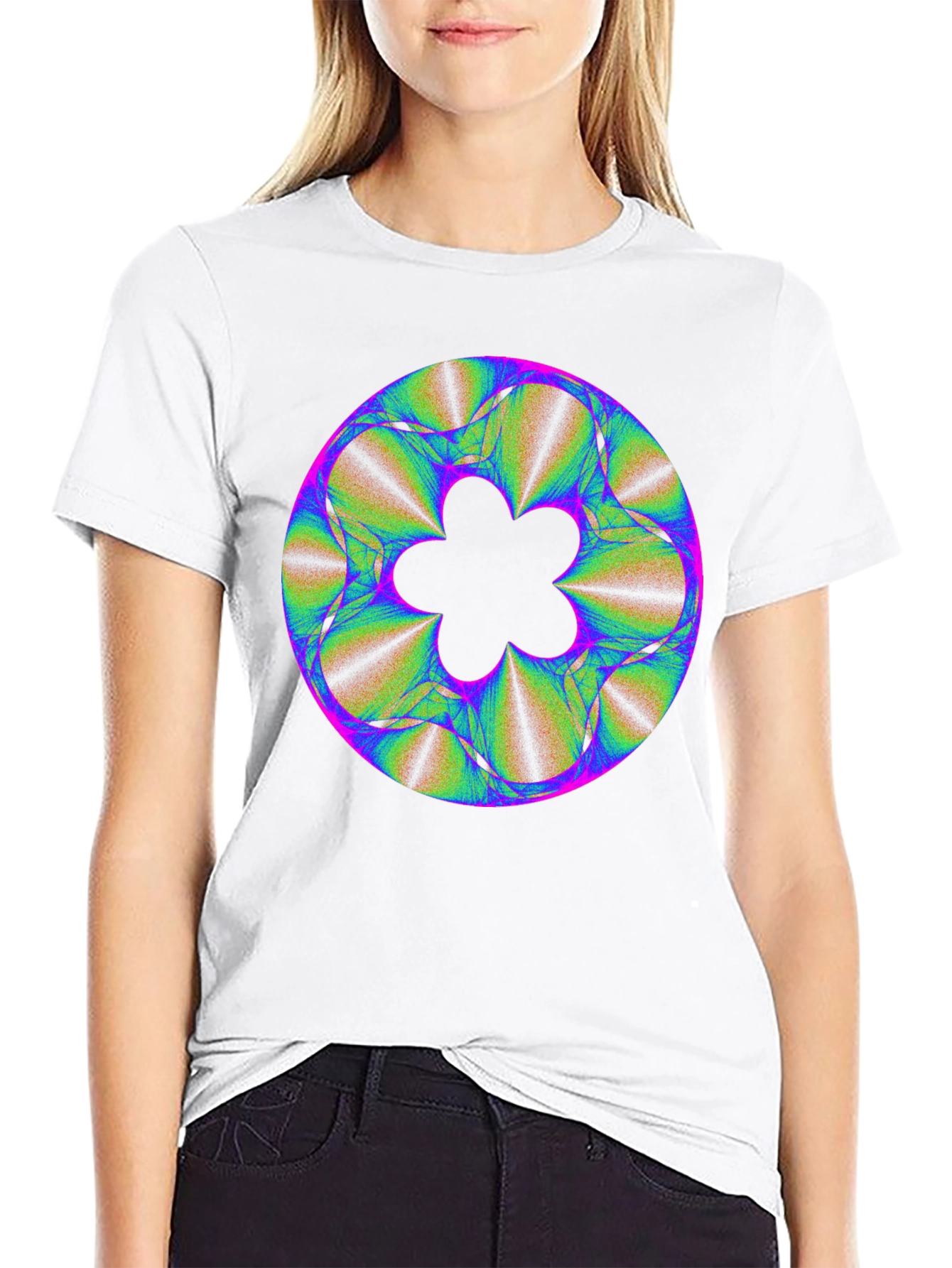 Abstract Fractal Flower Graphic Print Black T-Shirt