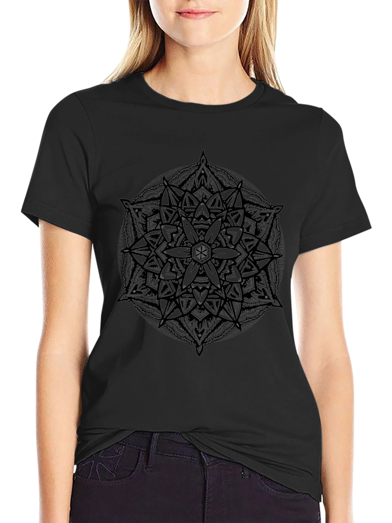 Abstract Mandala Graphic Print Black T-Shirt