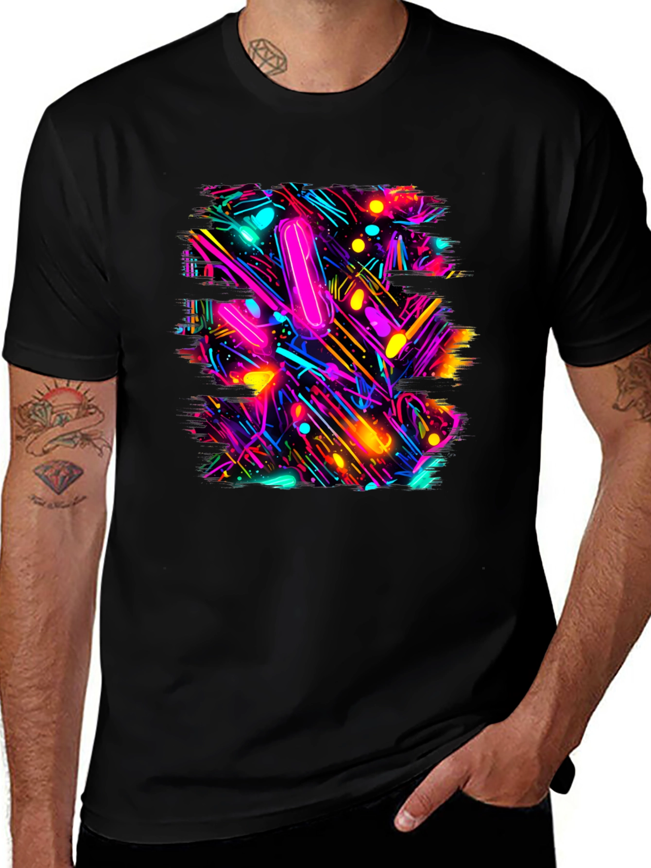 Abstract Neon Pattern Black T-Shirt