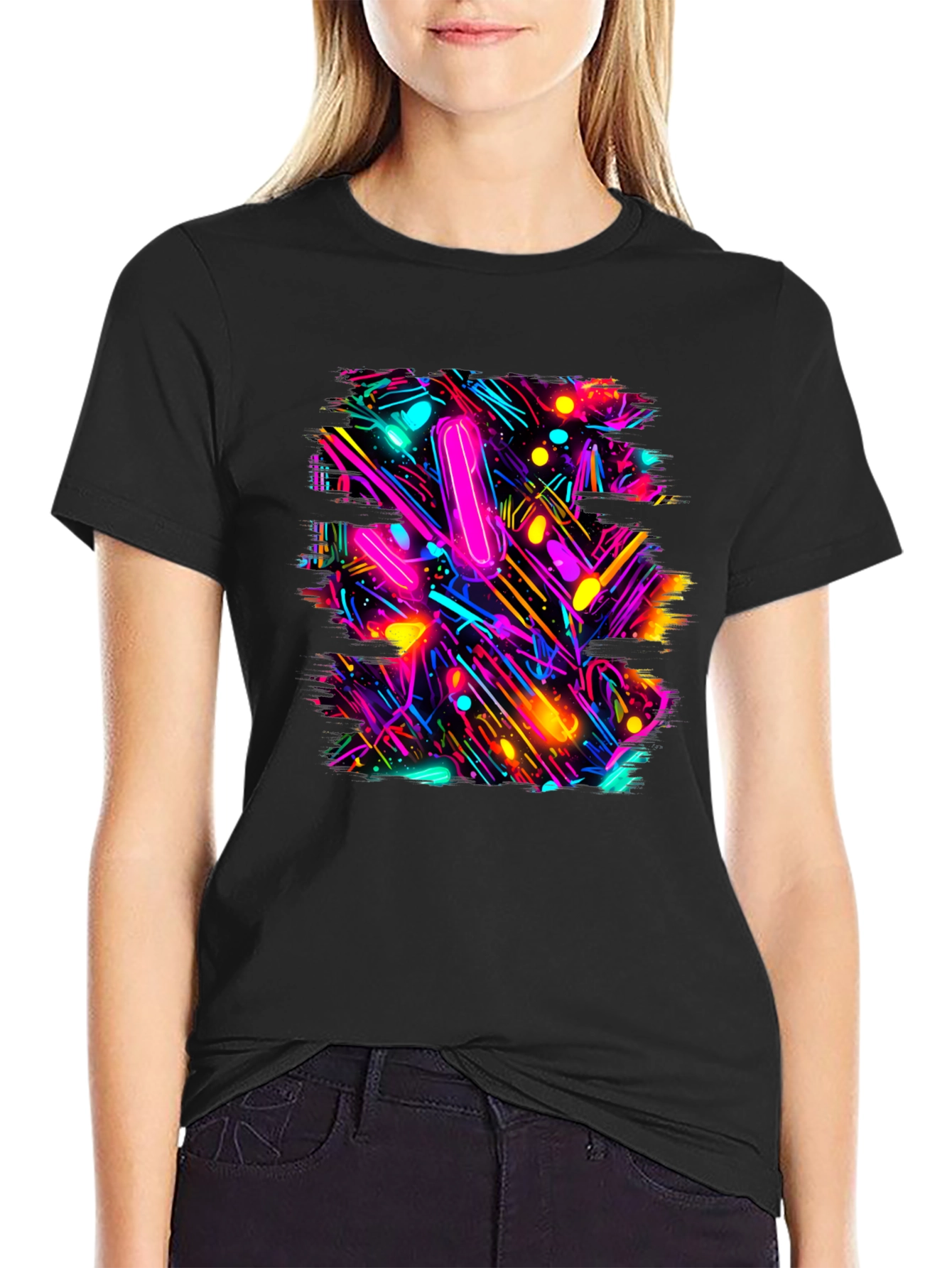 Abstract Neon Pattern Black T-Shirt