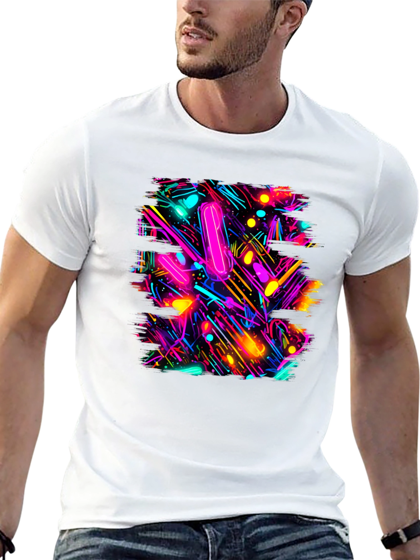 Abstract Neon Pattern Black T-Shirt