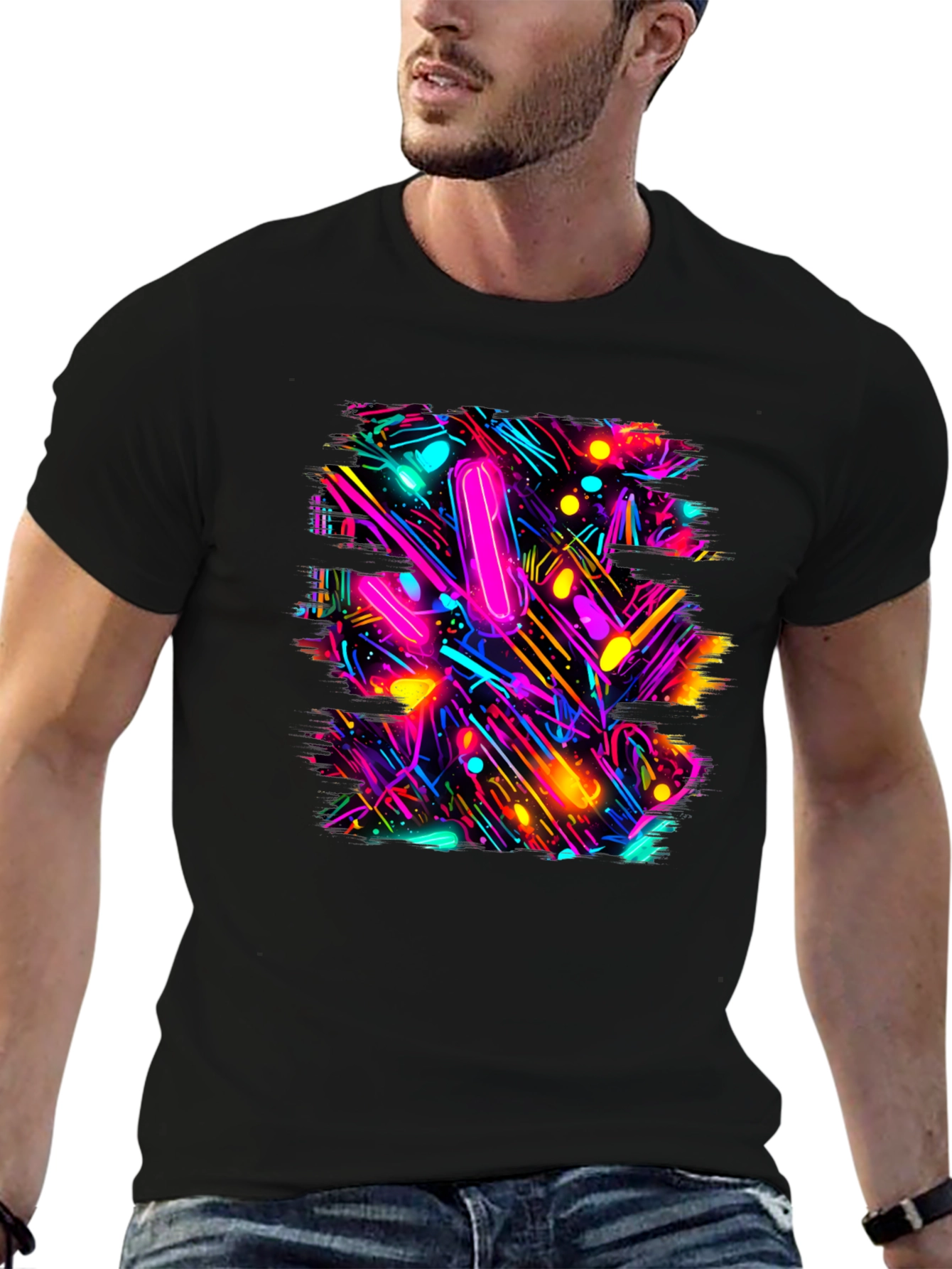 Abstract Neon Pattern Black T-Shirt