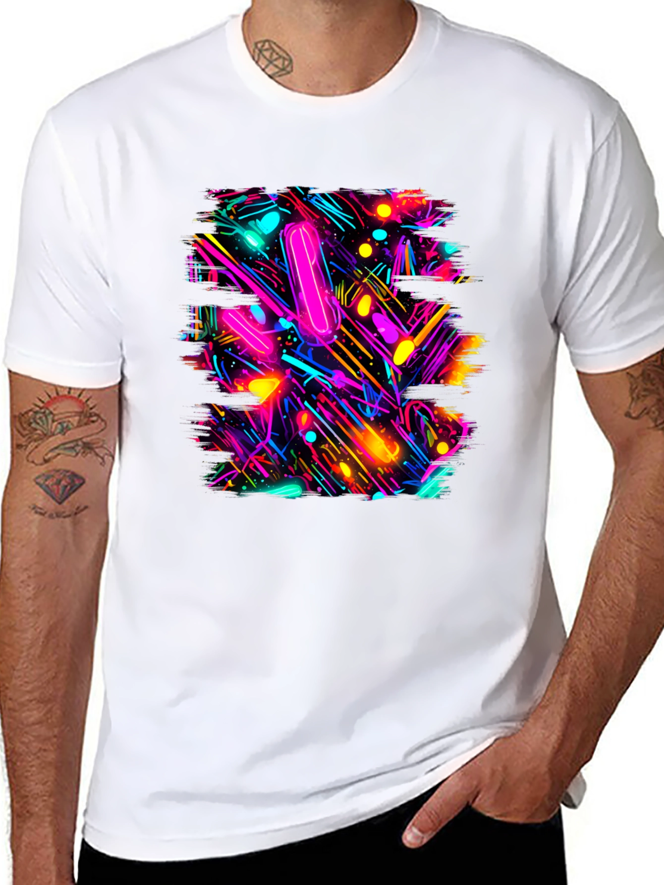 Abstract Neon Pattern Black T-Shirt