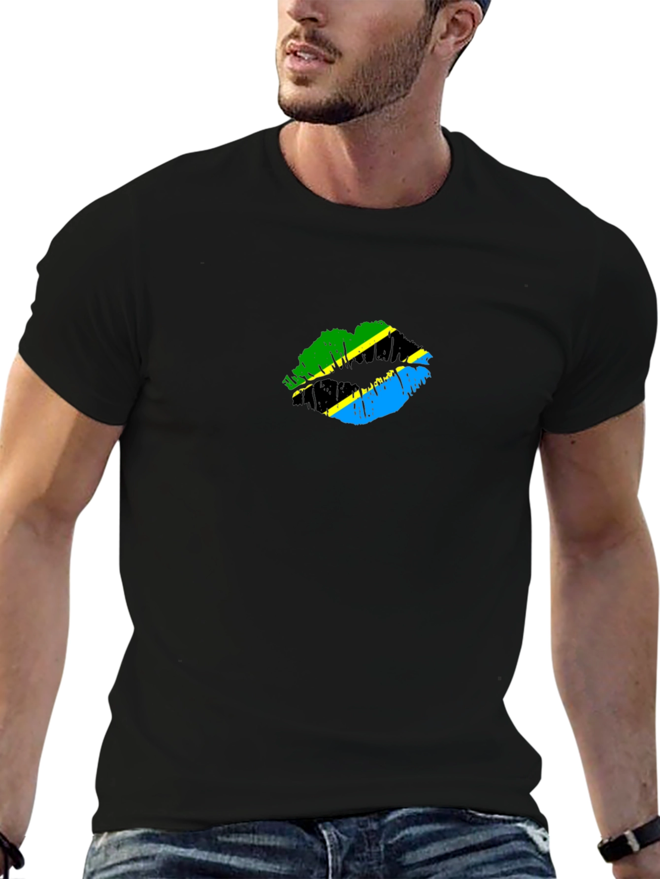 Tanzania Flag Lips Graphic Black T-Shirt