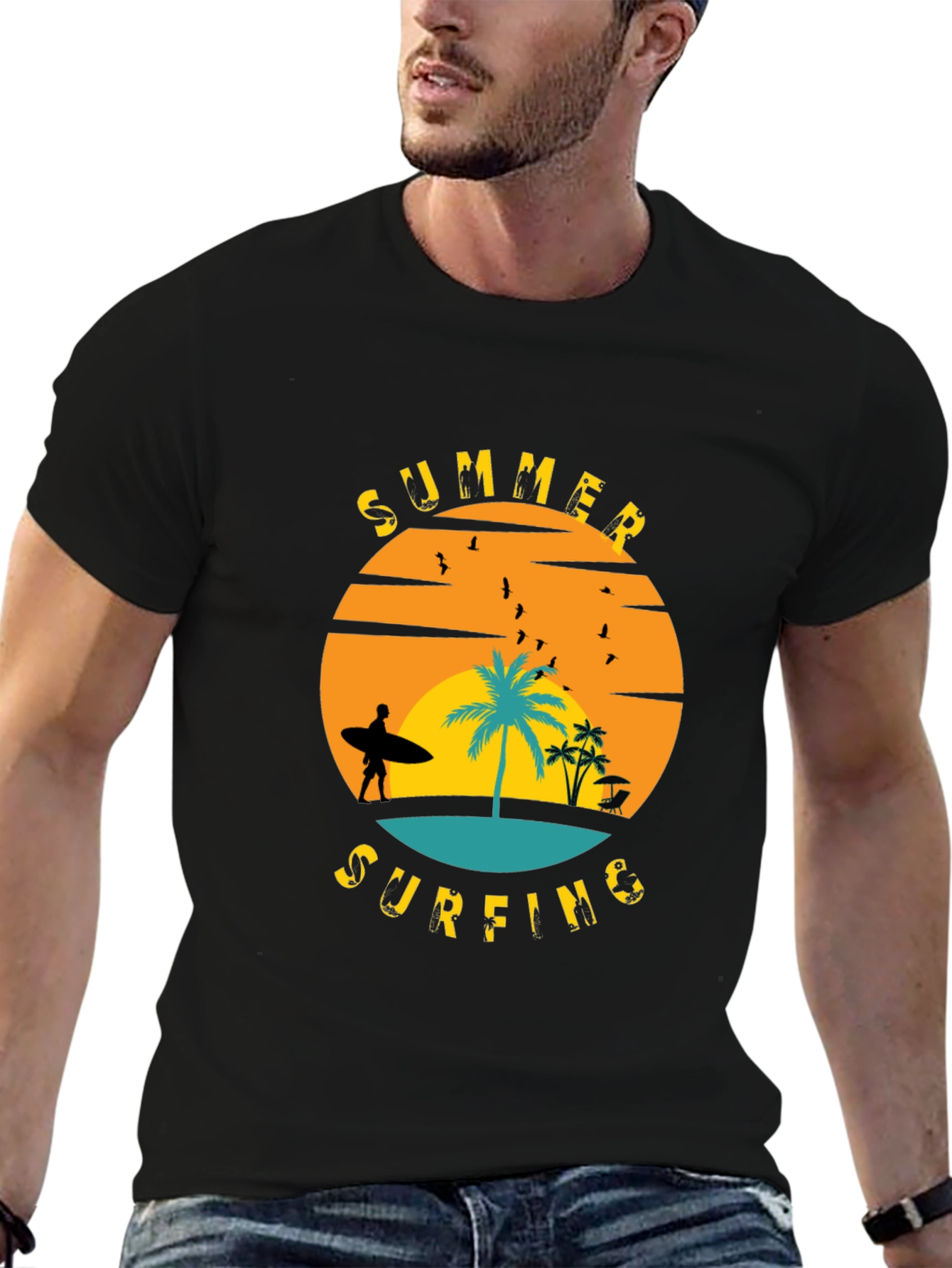 Summer Surfing Graphic T-Shirt - Black