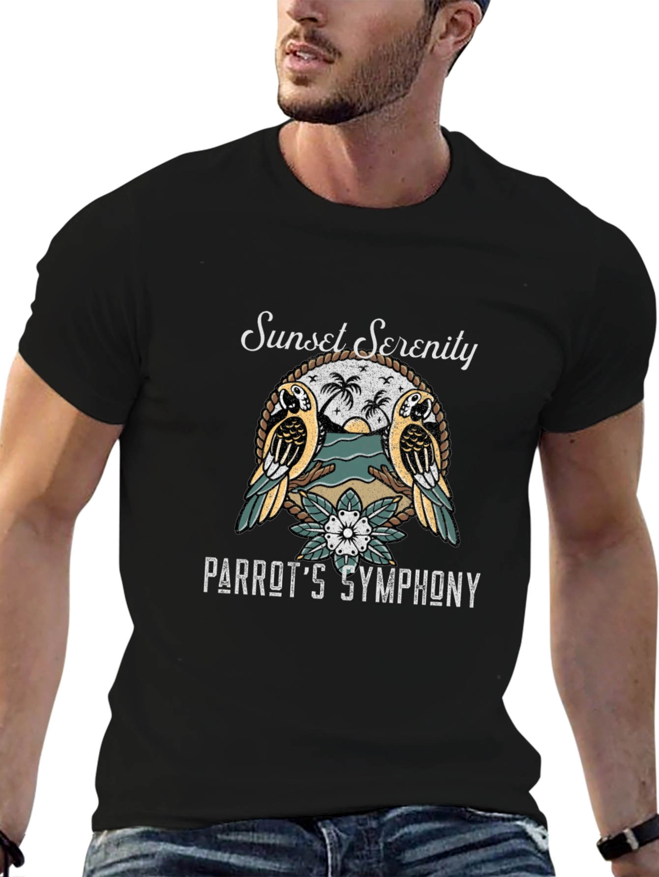 Sunset Serenity Parrot Graphic T-Shirt