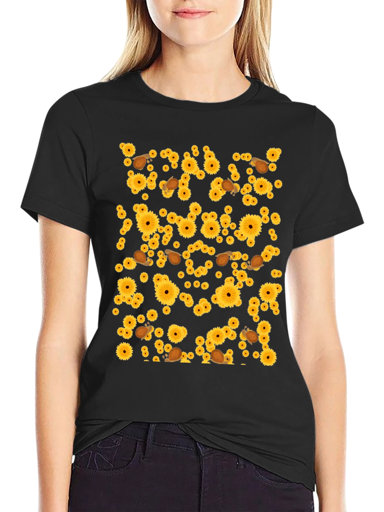 Sunflower & Snail Graphic Black T-Shirt