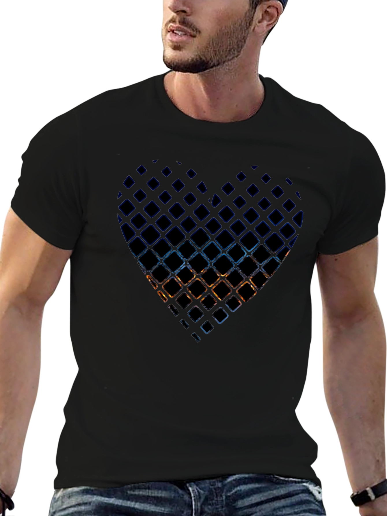 Abstract Heart Grid Mens Black T-Shirt