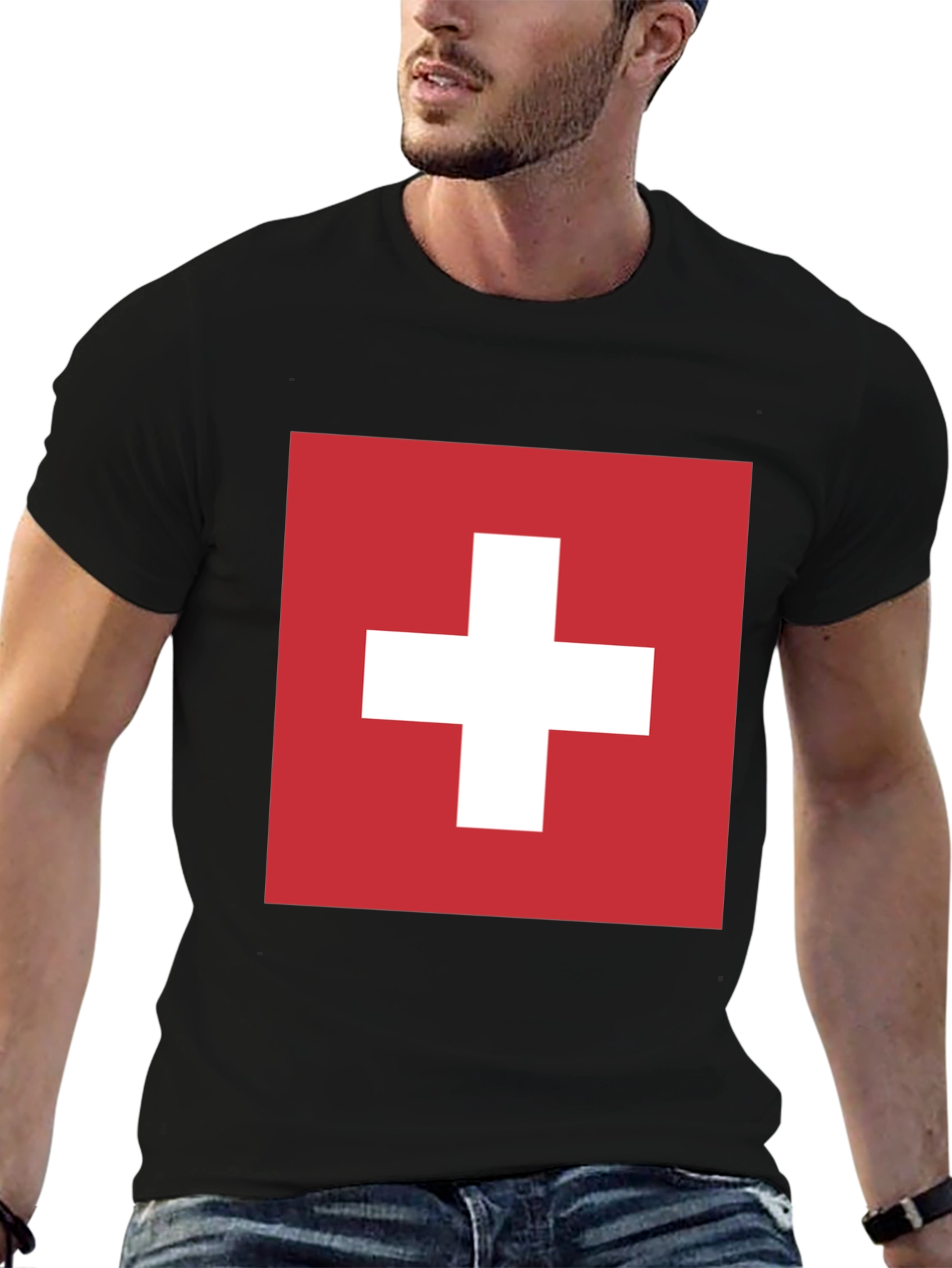 Swiss Flag Graphic T-Shirt - Black Cotton Tee