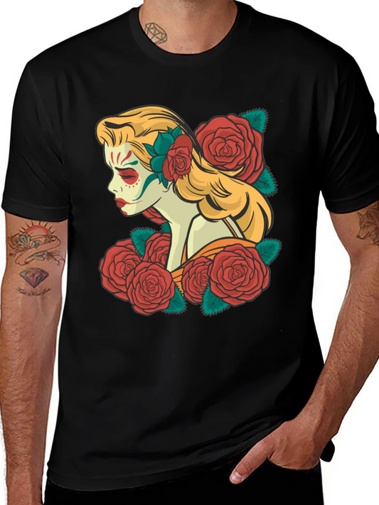 Sugar Skull Woman Rose T-Shirt - Day of the Dead Tee