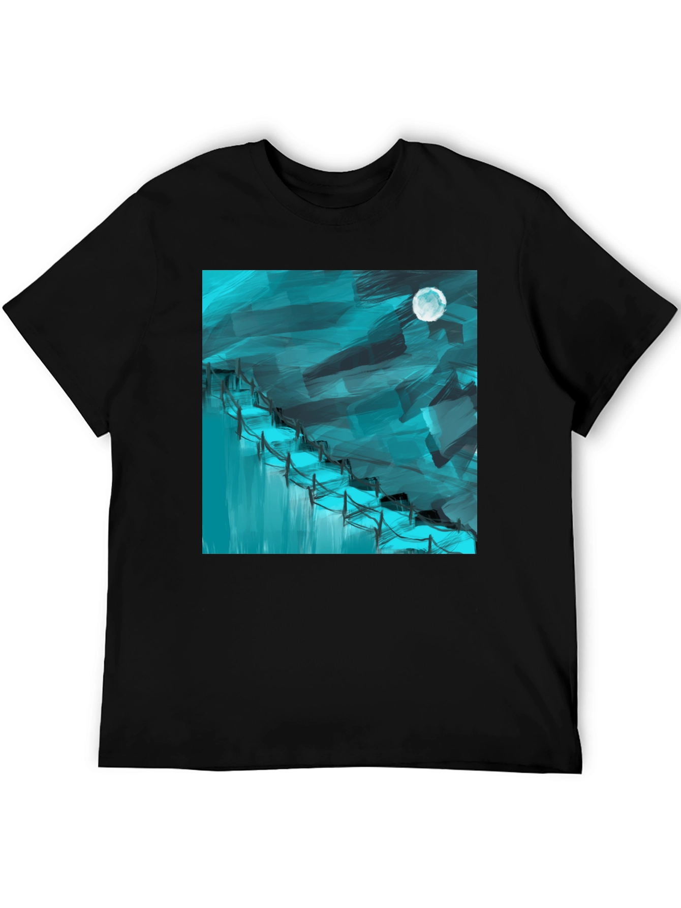 Abstract Moonlit Waterfall Graphic Tee - Black Cotton Blend