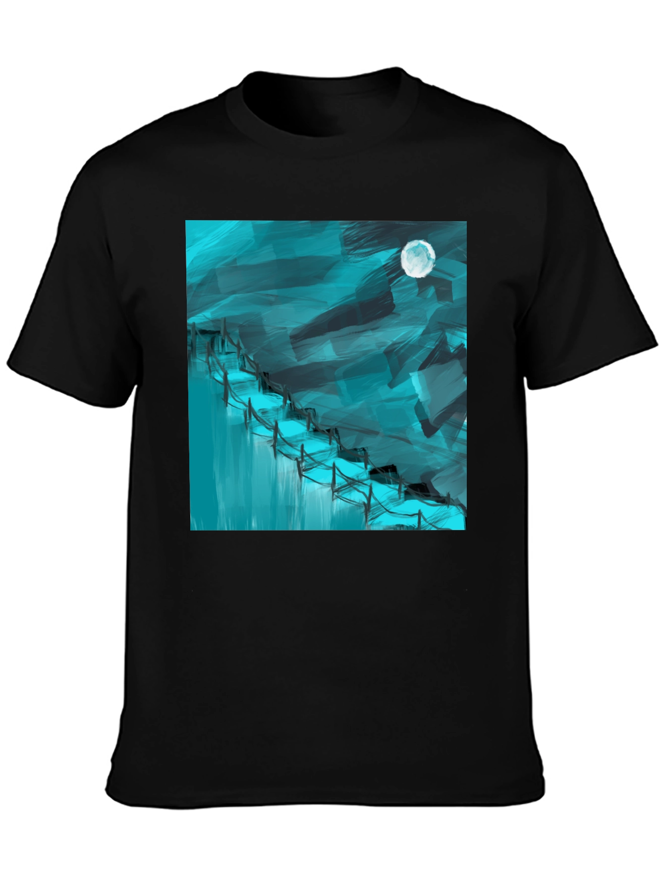 Abstract Moonlit Waterfall Graphic Tee - Black Cotton Blend