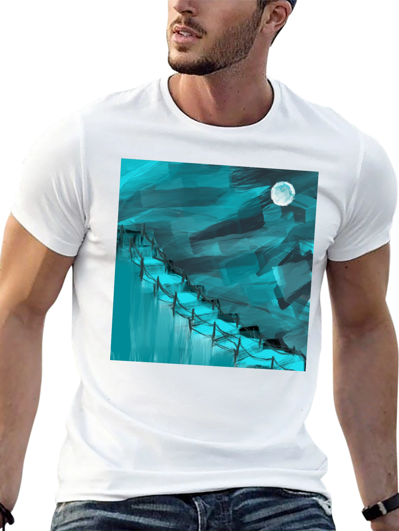 Abstract Moonlit Waterfall Graphic Tee - Black Cotton Blend