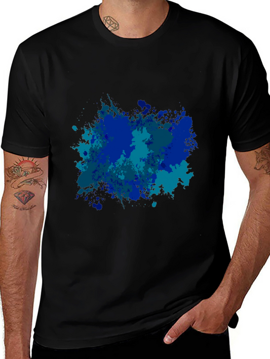 Abstract Blue Splatter Print Black T-Shirt