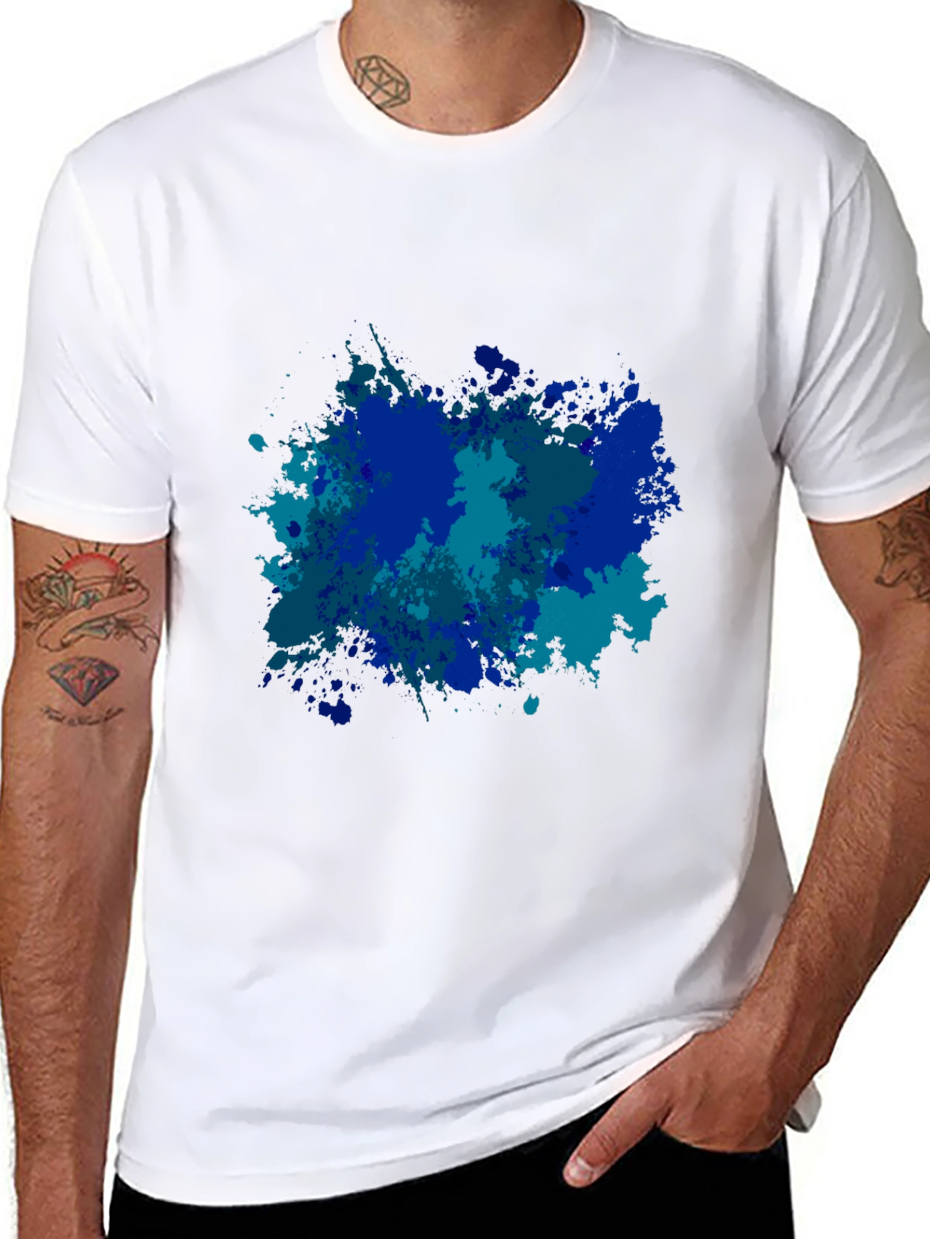 Abstract Blue Splatter Print Black T-Shirt