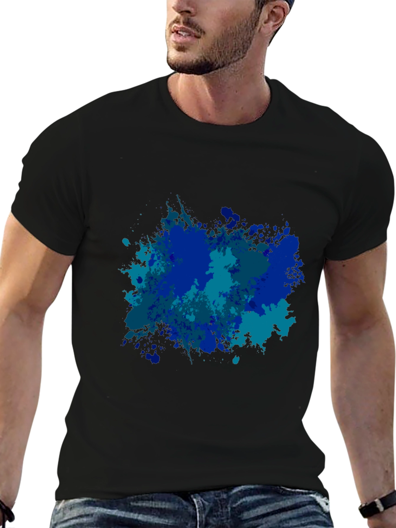 Abstract Blue Splatter Print Black T-Shirt