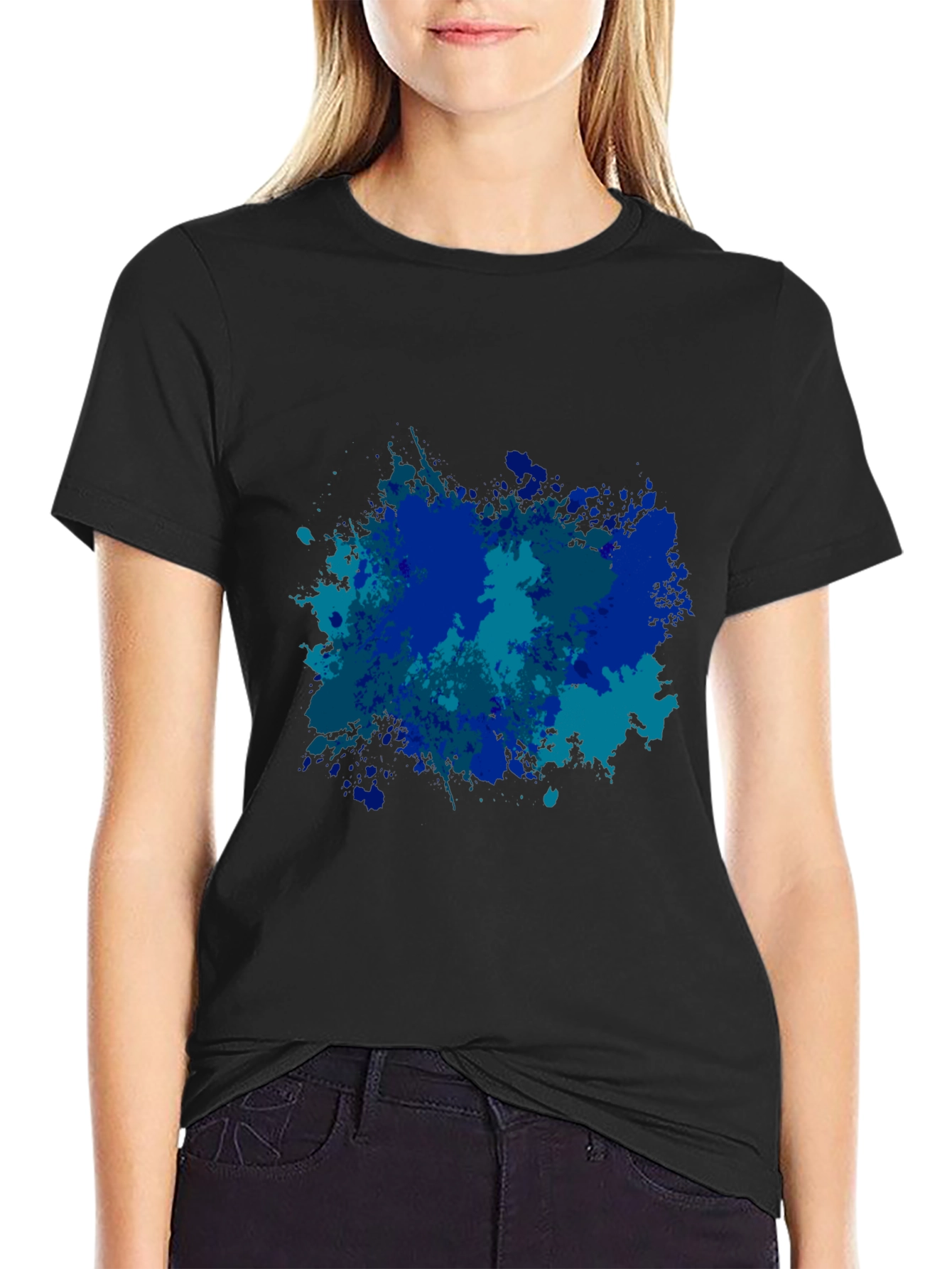 Abstract Blue Splatter Print Black T-Shirt