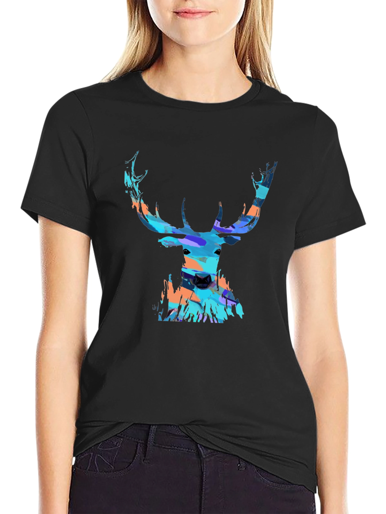 Abstract Deer Head Graphic Print Black T-Shirt