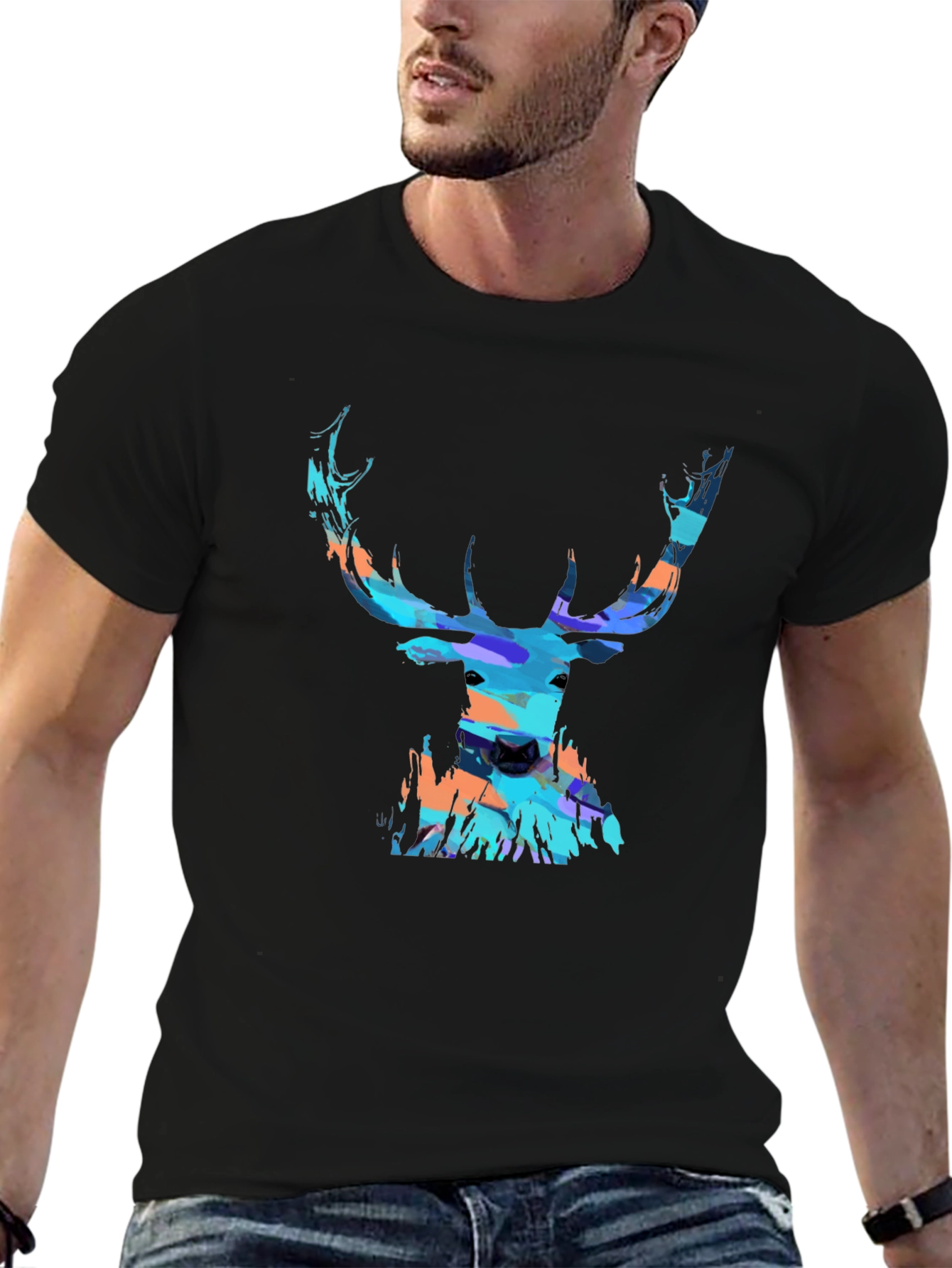 Abstract Deer Head Graphic Print Black T-Shirt