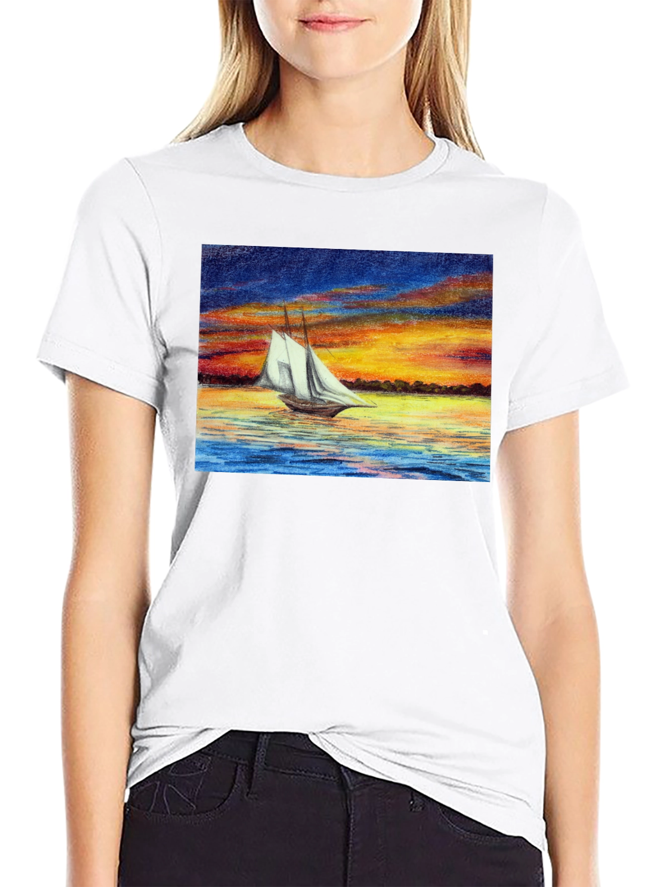 Sunset Sailboat Graphic Black T-Shirt