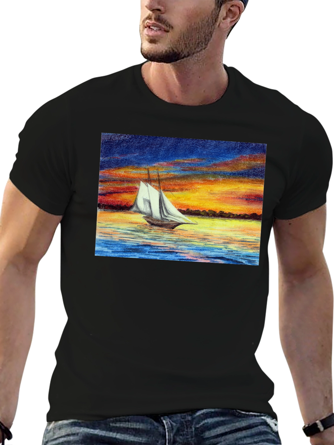 Sunset Sailboat Graphic Black T-Shirt
