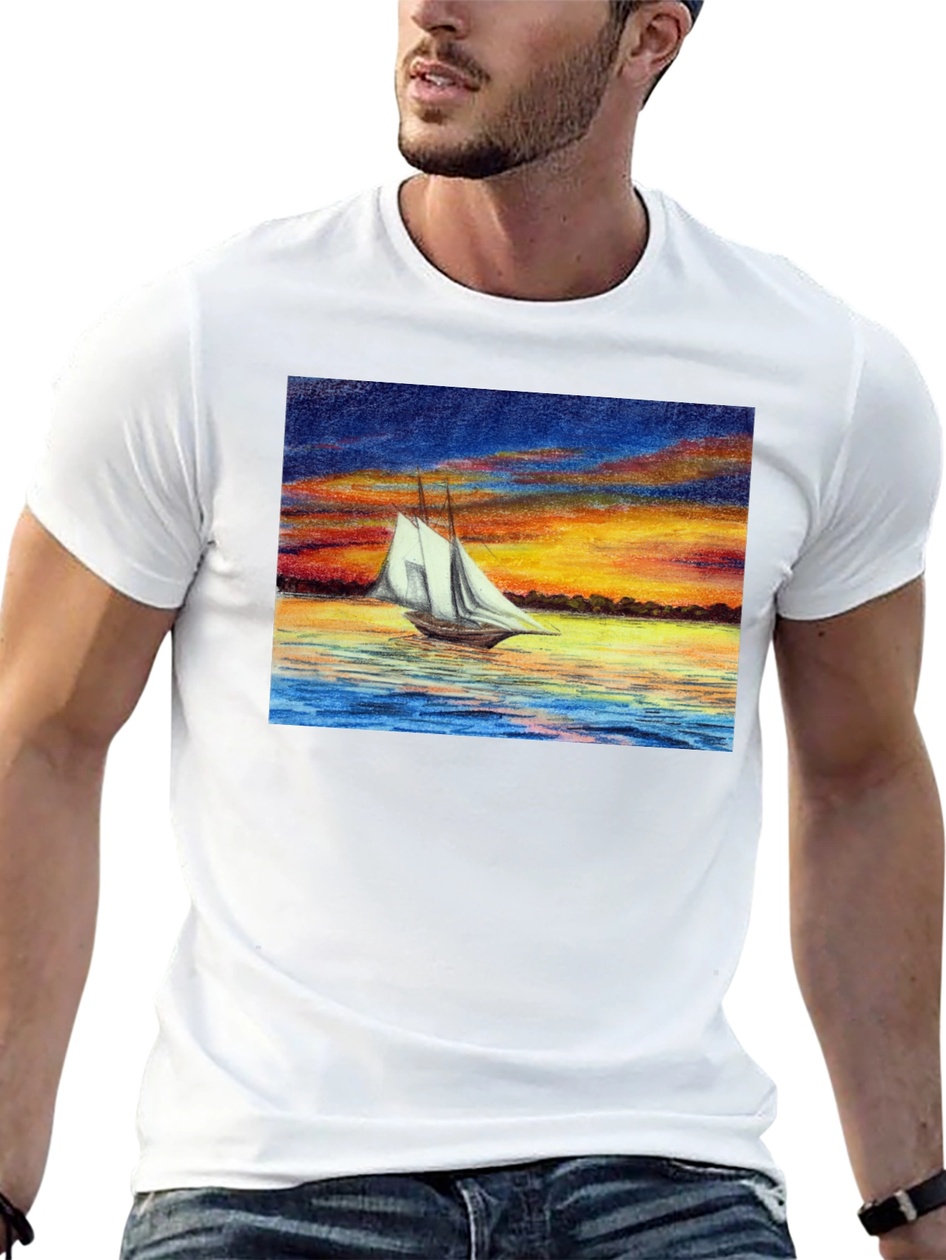 Sunset Sailboat Graphic Black T-Shirt