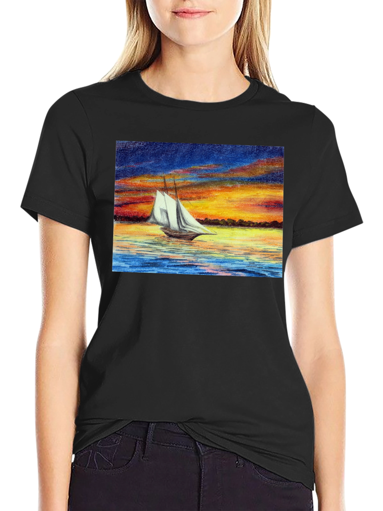 Sunset Sailboat Graphic Black T-Shirt