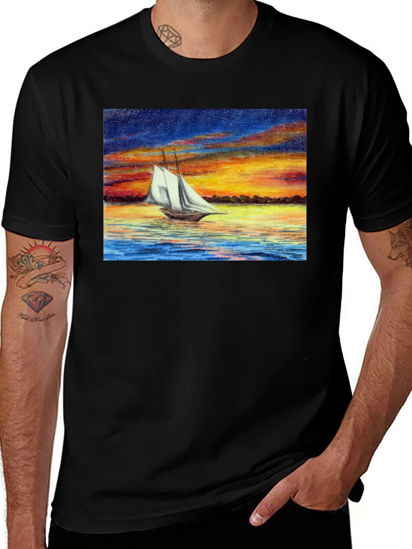 Sunset Sailboat Graphic Black T-Shirt