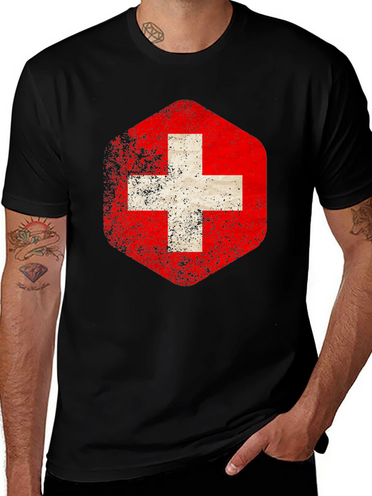 Swiss Flag Distressed Tee - Black Graphic T-Shirt