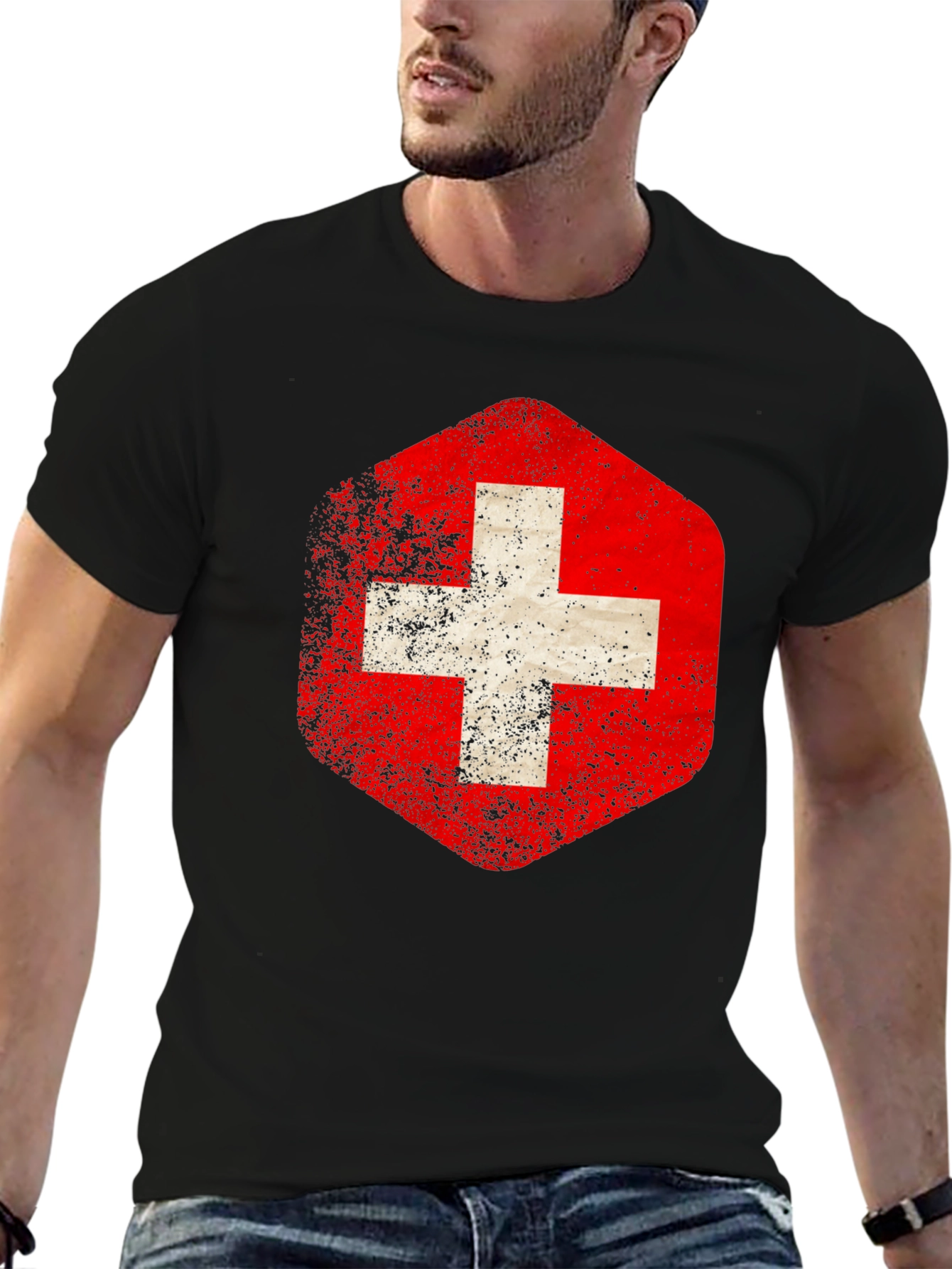 Swiss Flag Distressed Tee - Black Graphic T-Shirt