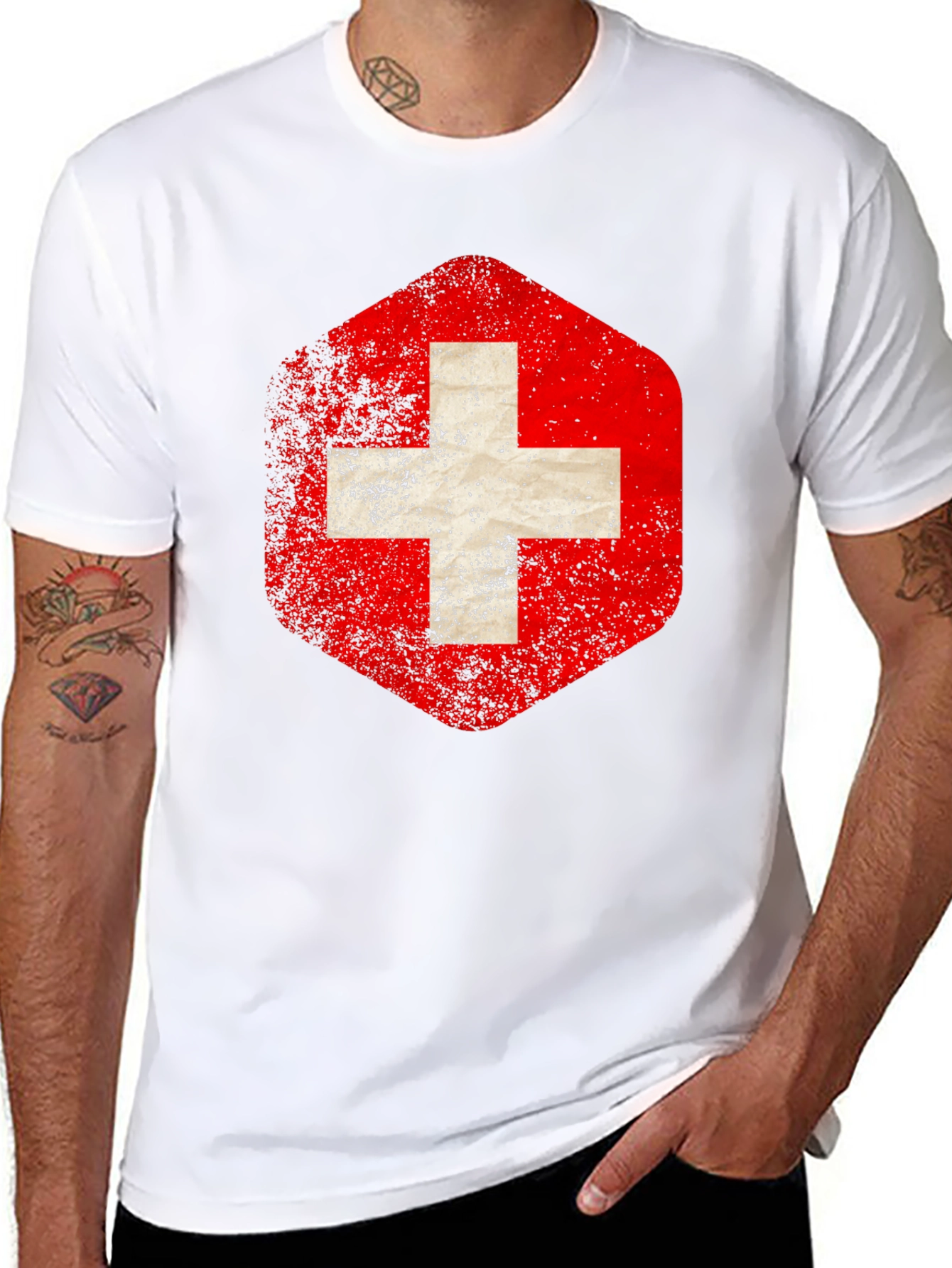 Swiss Flag Distressed Tee - Black Graphic T-Shirt