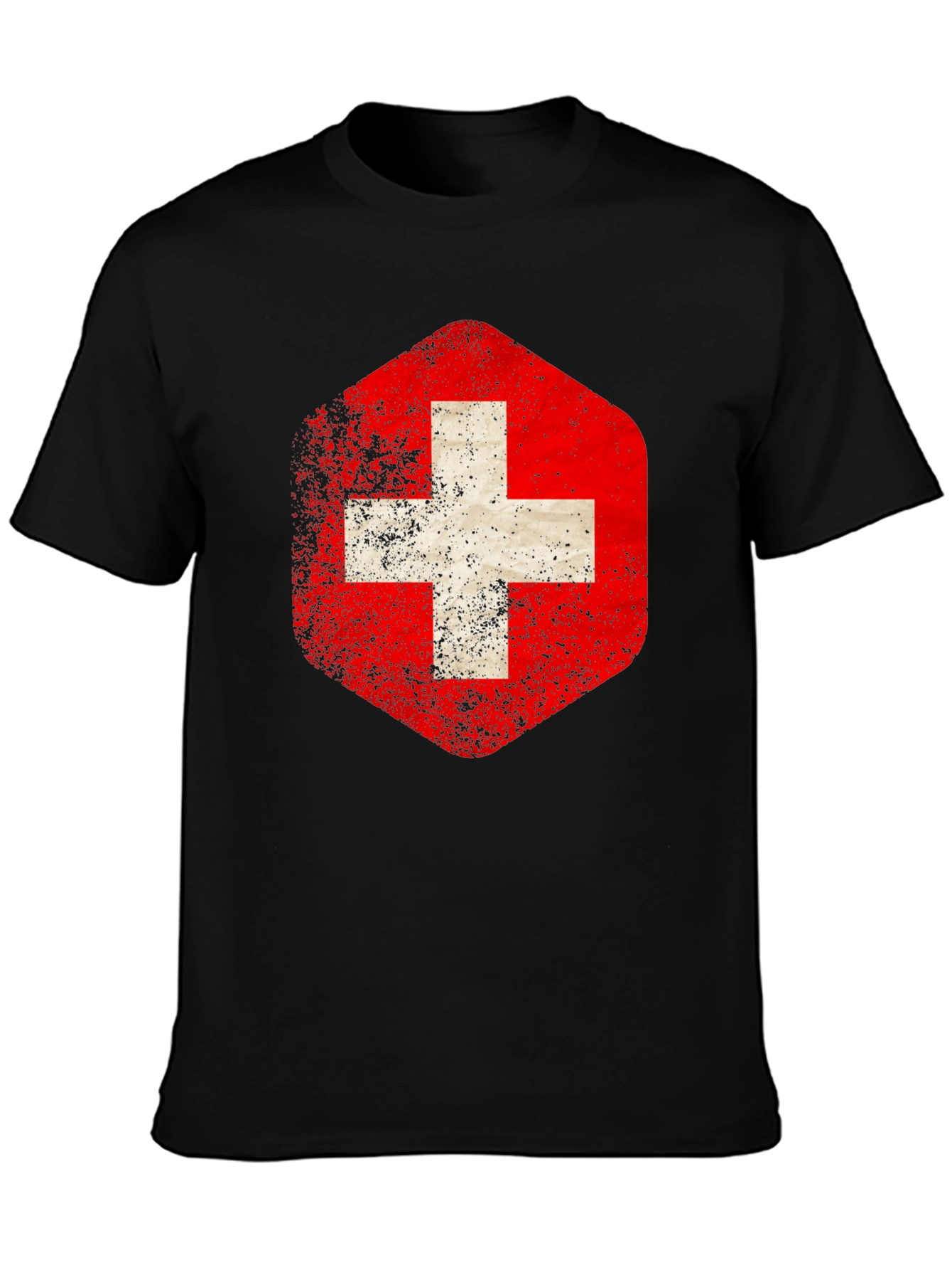 Swiss Flag Distressed Tee - Black Graphic T-Shirt