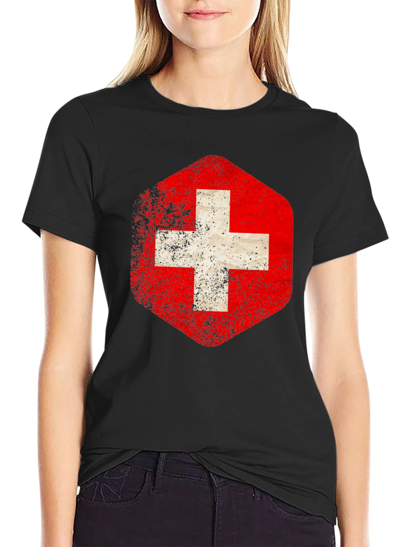 Swiss Flag Distressed Tee - Black Graphic T-Shirt