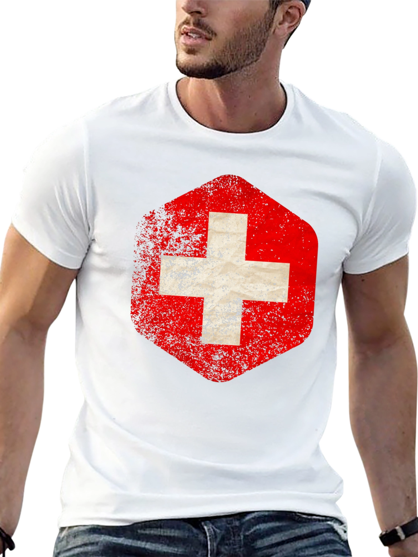 Swiss Flag Distressed Tee - Black Graphic T-Shirt