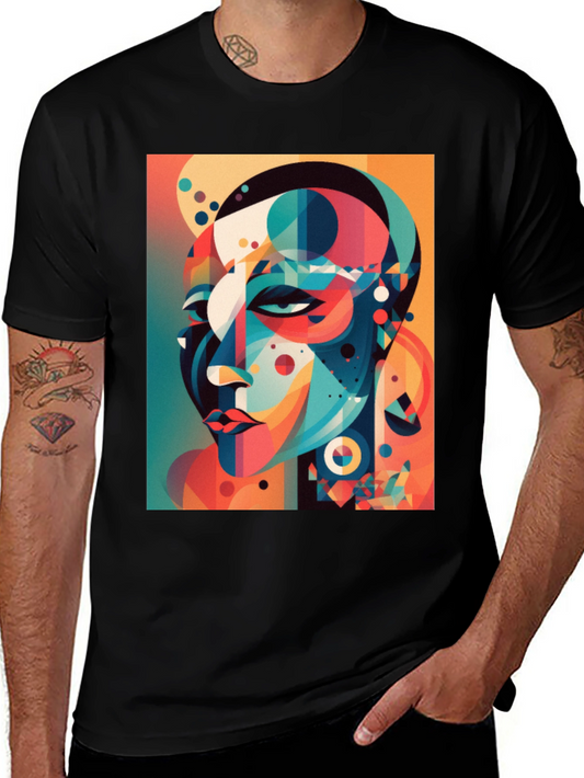 Abstract Geometric Face Graphic Tee - Black