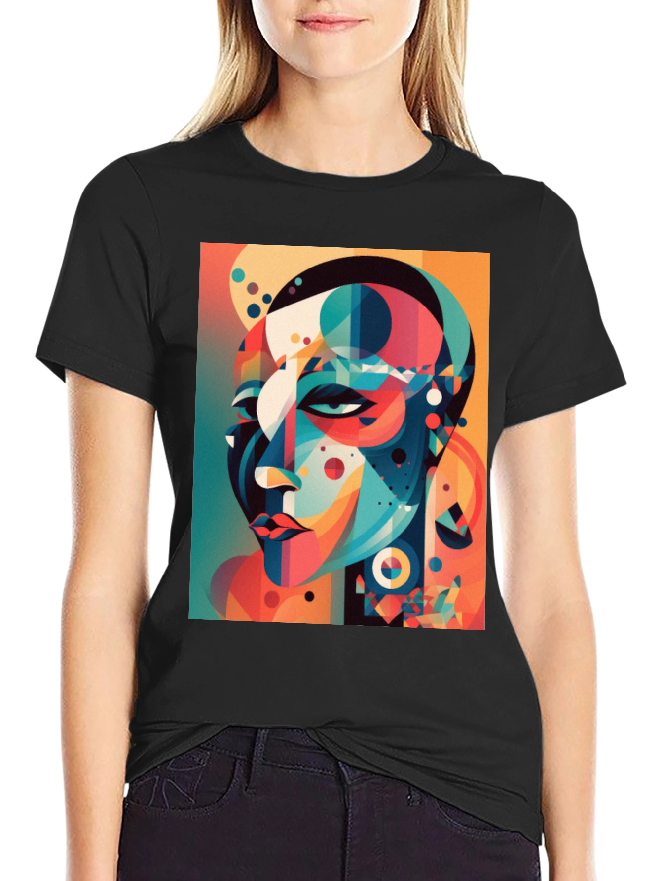 Abstract Geometric Face Graphic Tee - Black