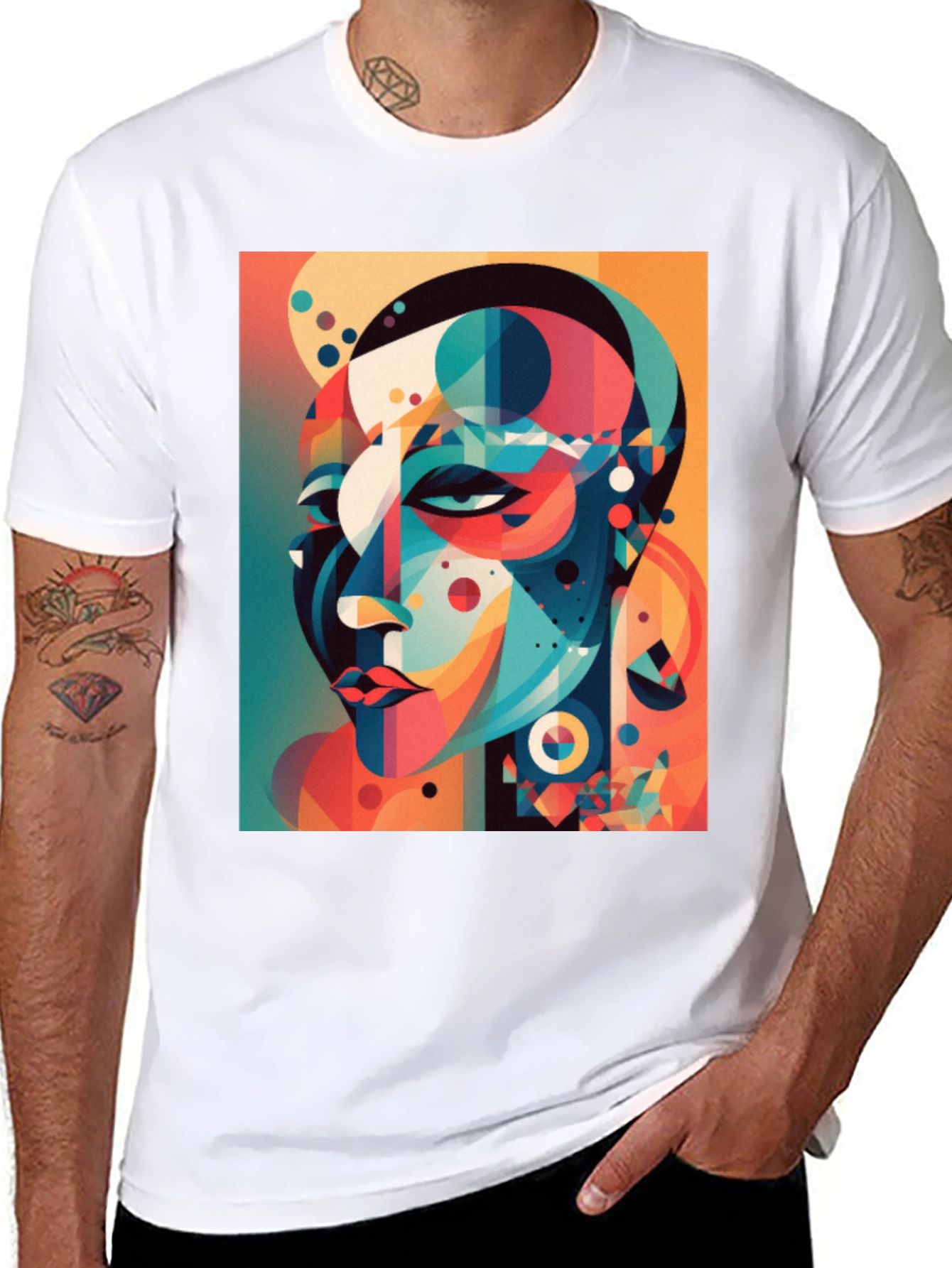 Abstract Geometric Face Graphic Tee - Black