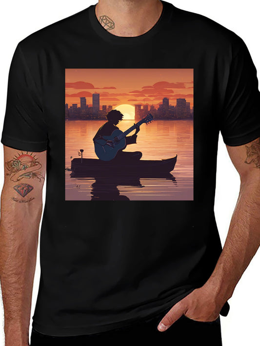 Sunset Guitarist T-Shirt - City Skyline Silhouette