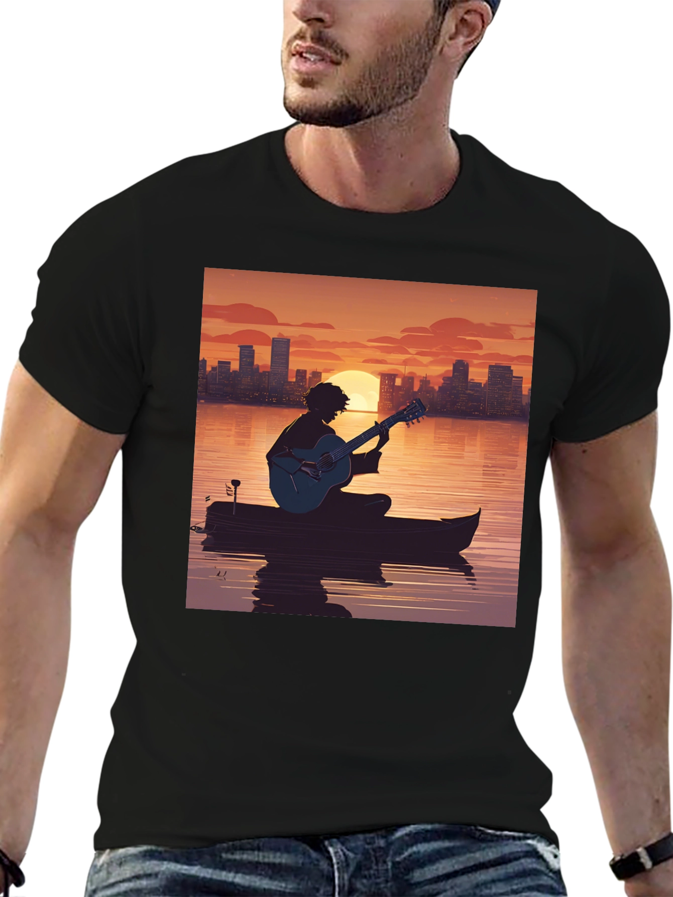 Sunset Guitarist T-Shirt - City Skyline Silhouette