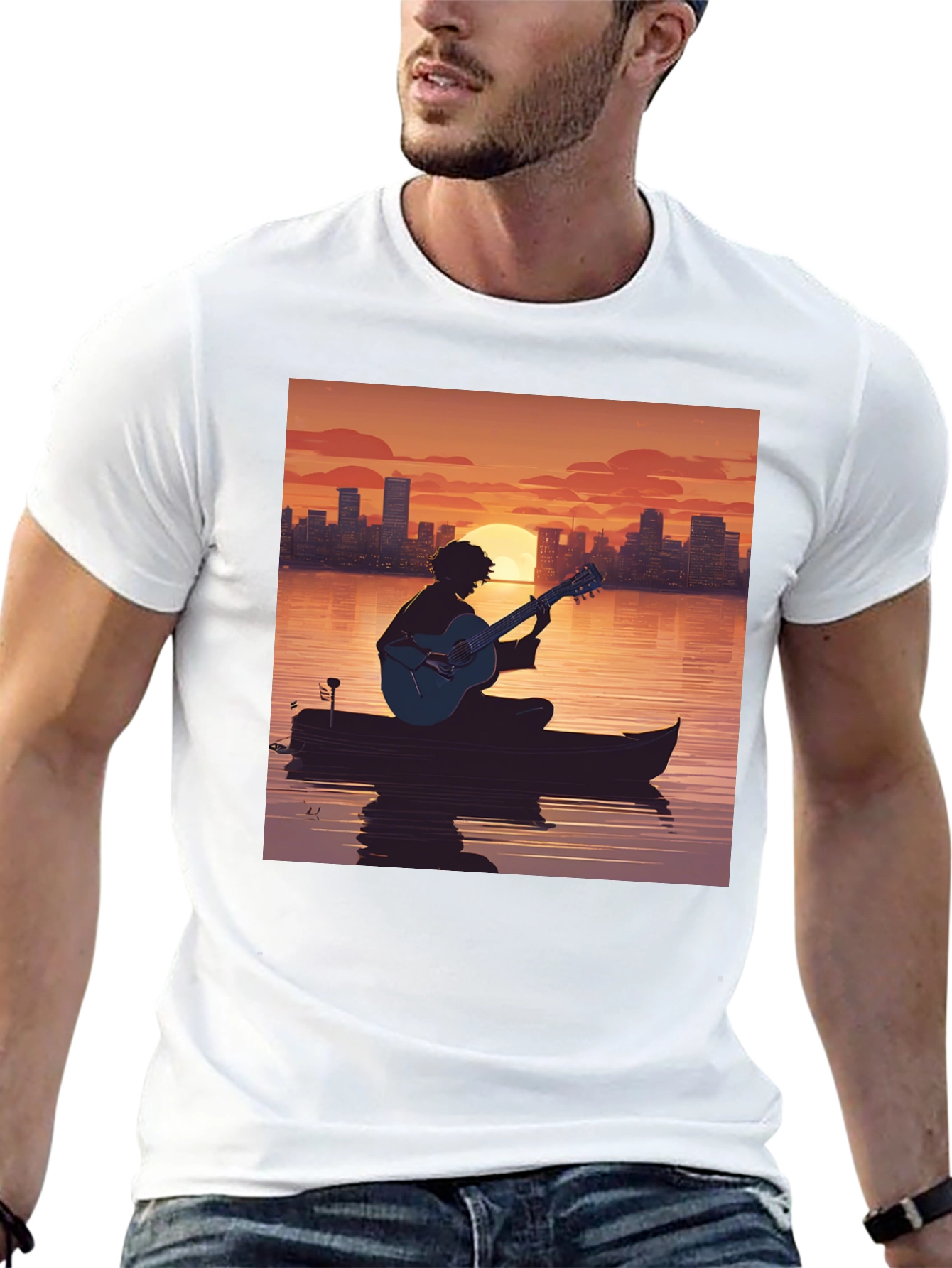 Sunset Guitarist T-Shirt - City Skyline Silhouette