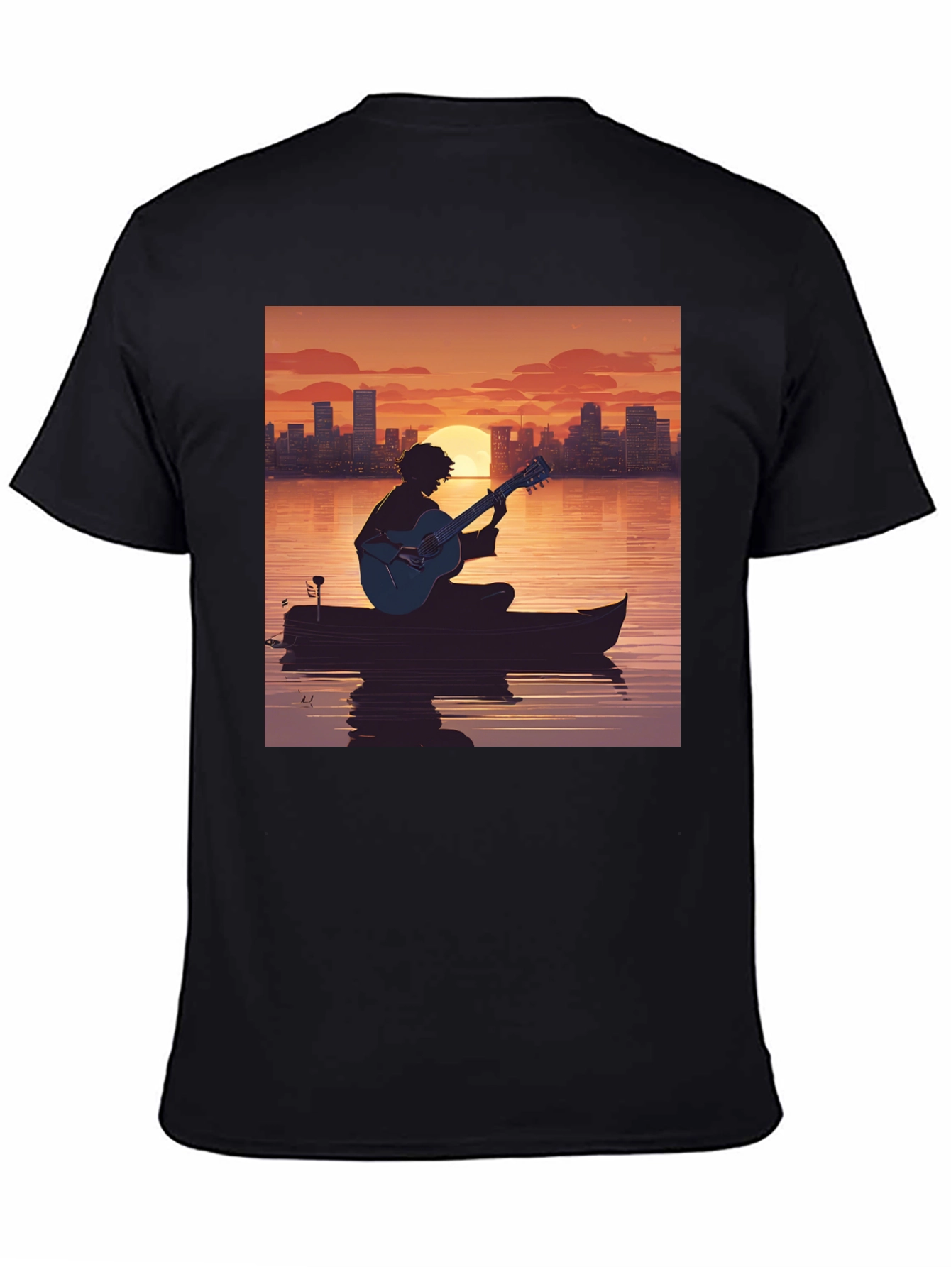 Sunset Guitarist T-Shirt - City Skyline Silhouette