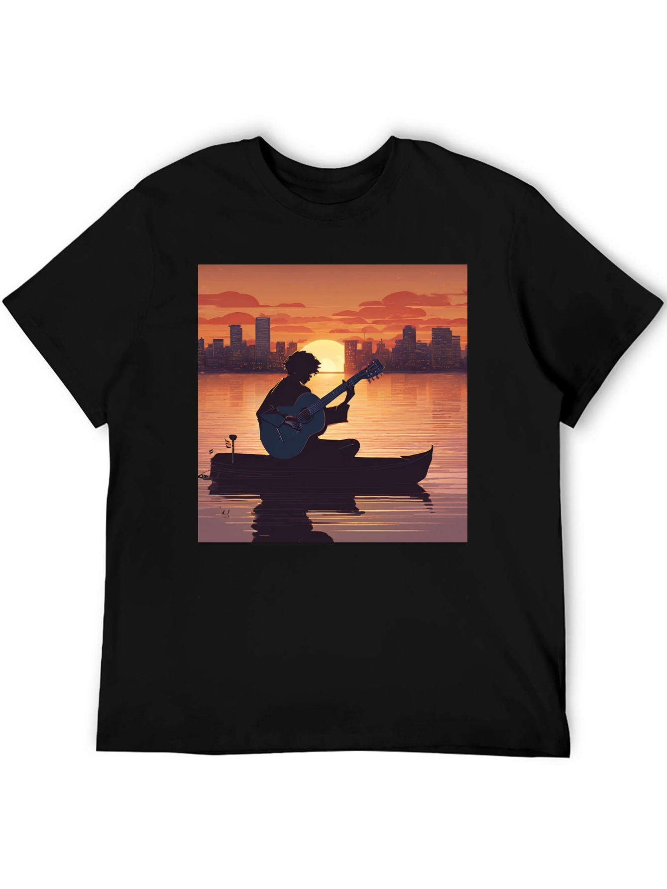 Sunset Guitarist T-Shirt - City Skyline Silhouette