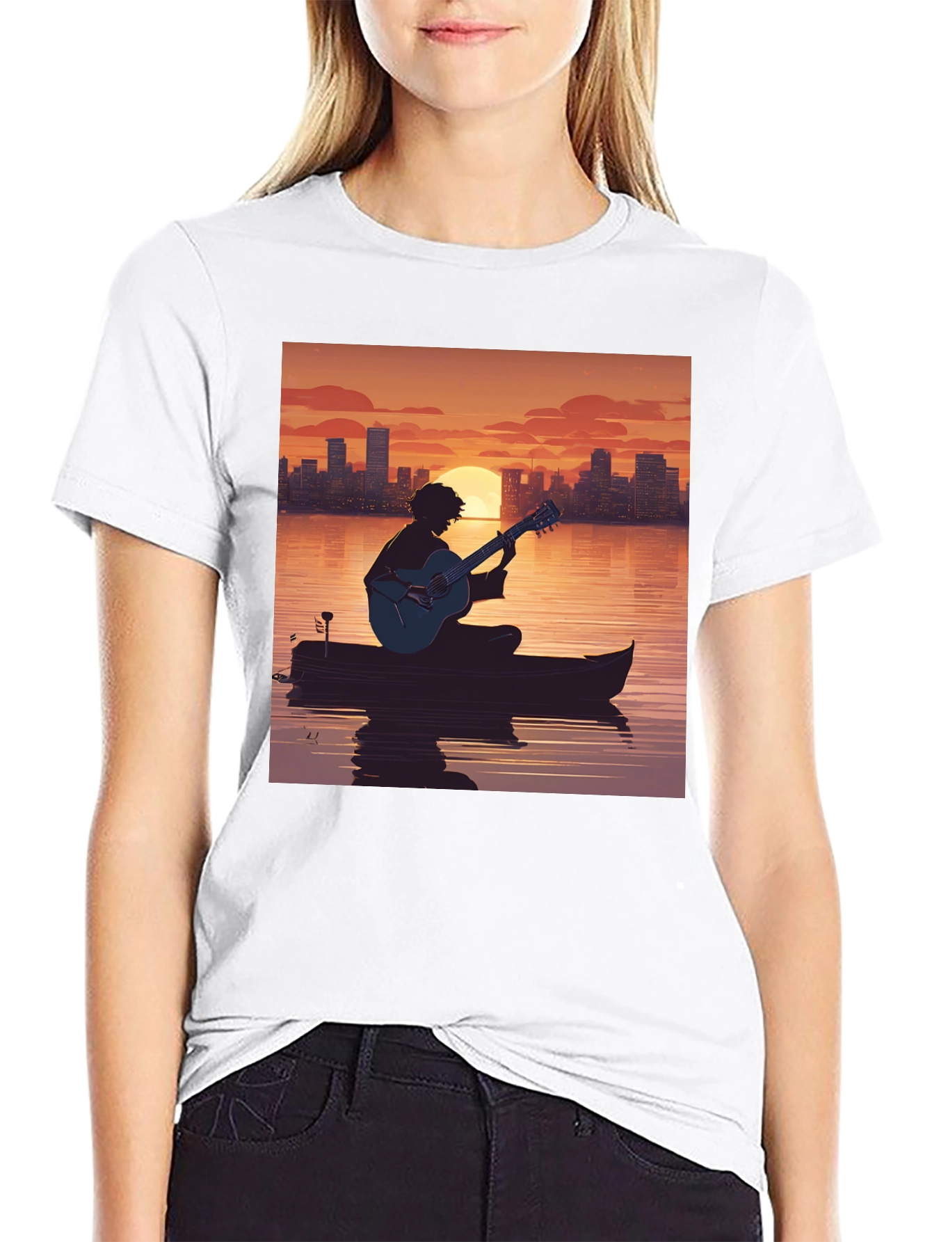 Sunset Guitarist T-Shirt - City Skyline Silhouette
