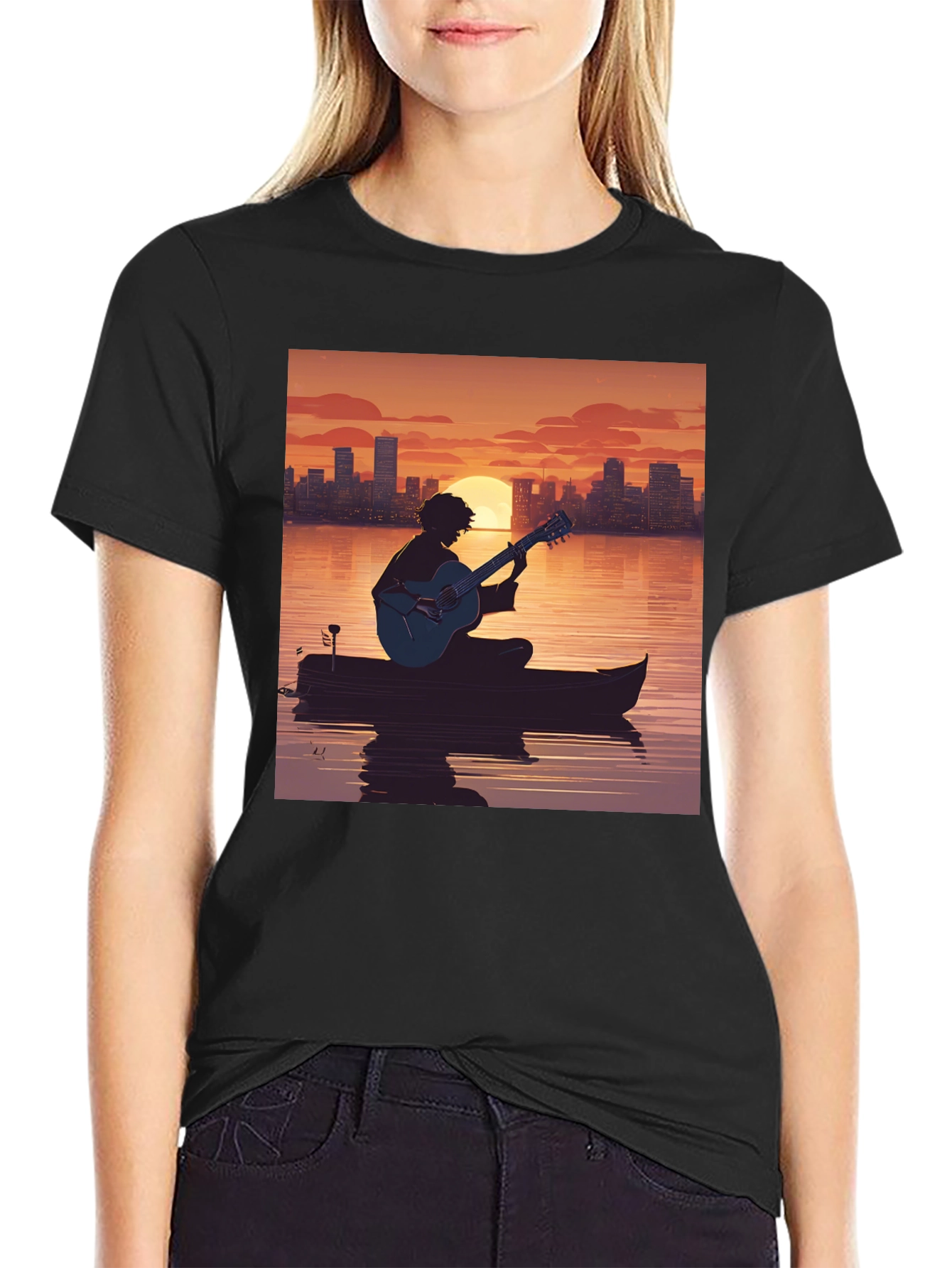 Sunset Guitarist T-Shirt - City Skyline Silhouette