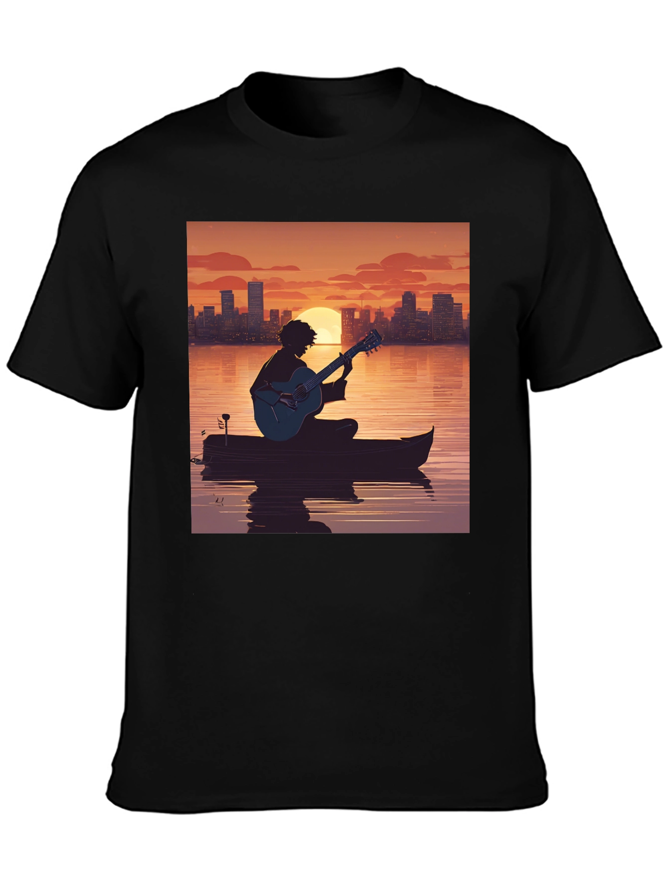 Sunset Guitarist T-Shirt - City Skyline Silhouette