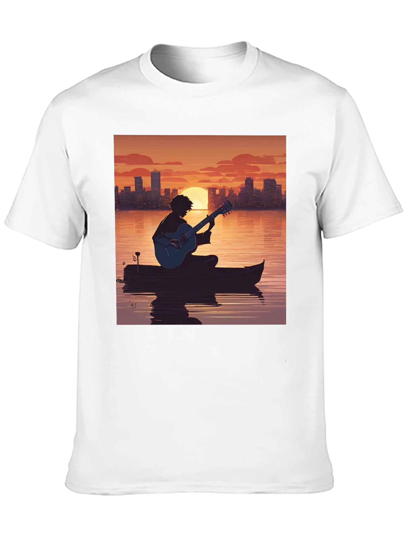Sunset Guitarist T-Shirt - City Skyline Silhouette
