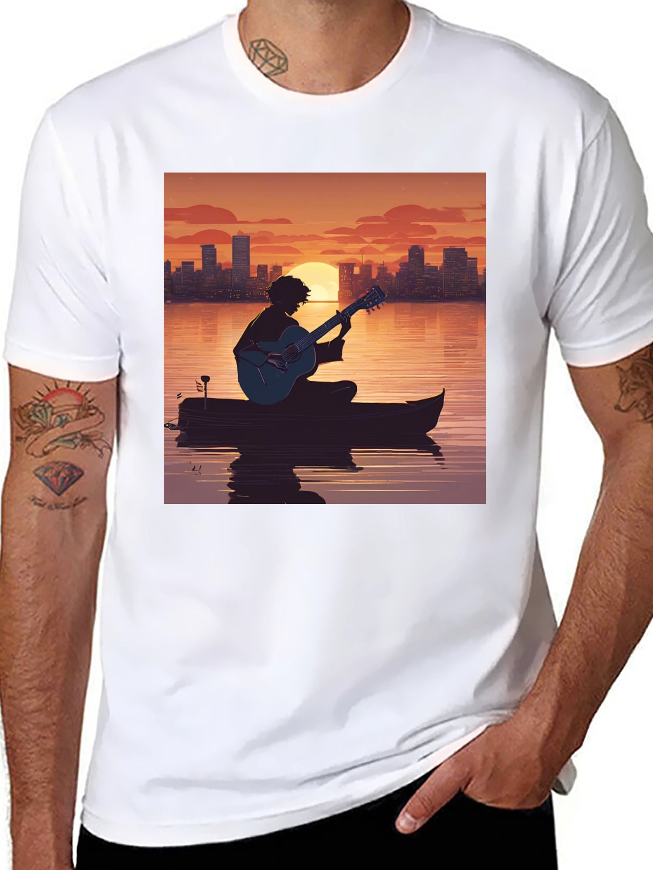 Sunset Guitarist T-Shirt - City Skyline Silhouette